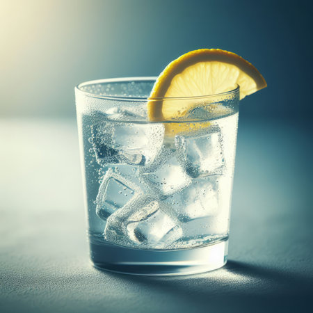 Glass of water with ice cubes and lemon slice on a dark backgroundの素材