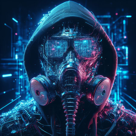 3D rendering of an astronaut in a gas mask against a futuristic backgroundの素材