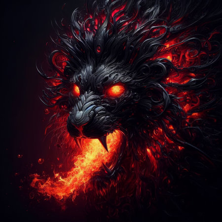 Fantasy illustration of a black lion with fire in the background.の素材