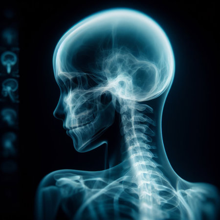 X-ray image of a human skull with visible bones. Medical background.の素材