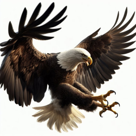 Bald Eagle flying isolated on white background. 3D illustration.の素材