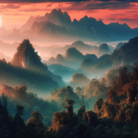 Sunrise in the morning misty valley. Landscape with foggy mountains.の素材