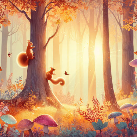 Autumn forest background with mushrooms and squirrels. EPS10 vector.の素材