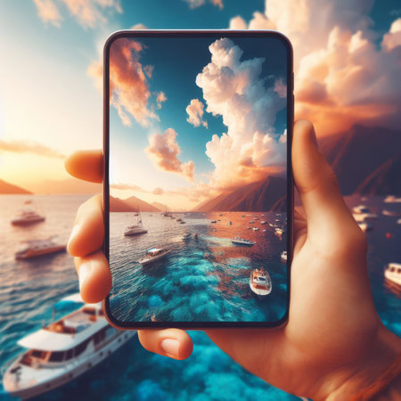 travel concept - tourist taking photo of luxury yachts on smartphone in the seaの素材
