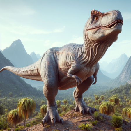 Dinosaur on the hill. 3D render. Illustration.の素材