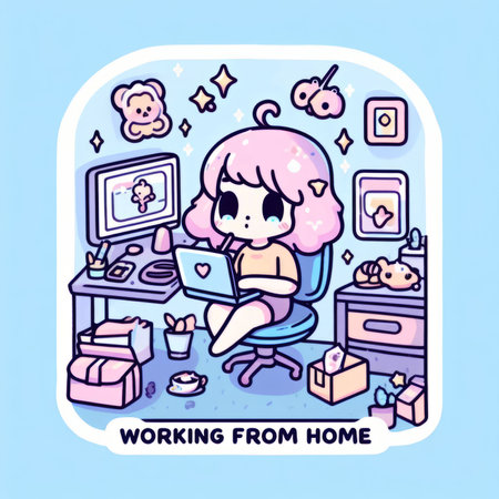 Cute girl using laptop at home. Vector illustration in cartoon style.の素材
