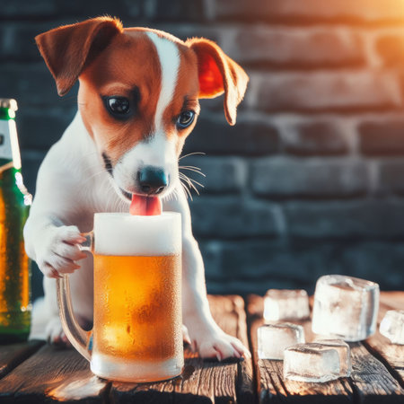 Jack russell terrier dog with a mug of beer.の素材