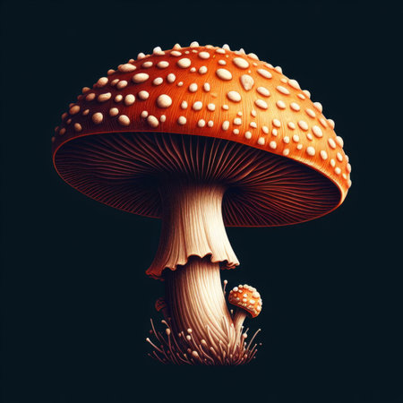 Fly agaric mushroom on a black background. 3d illustrationの素材