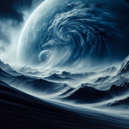 Fantasy landscape with planet in deep space. 3D illustration.の素材