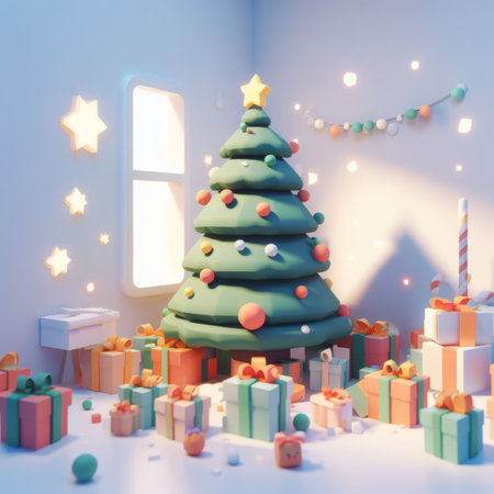 Christmas tree and gifts in blue room with window, 3d renderingの素材