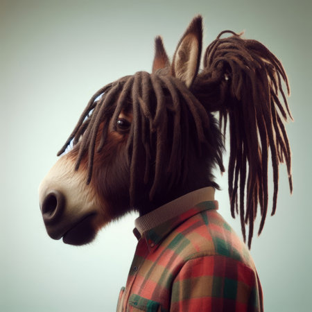 Donkey head with dreadlocks in a plaid shirt on a gray backgroundの素材