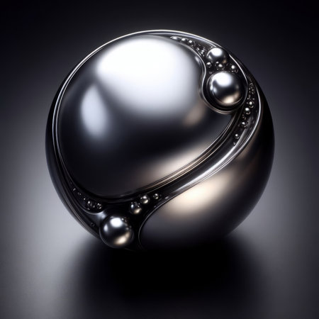 Silver Sphere on a black background. 3d rendering. Computer digital drawing.の素材