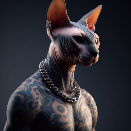 Sphynx cat with tattoo on the body and chain around his neckの素材