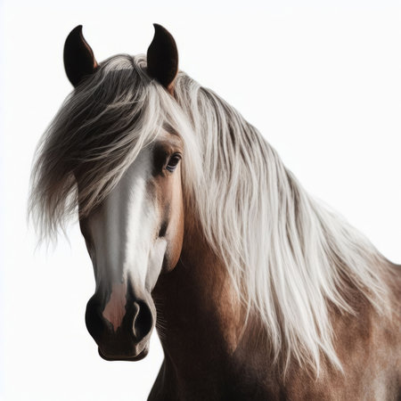 Portrait of beautiful palomino stallion isolated on white backgroundの素材