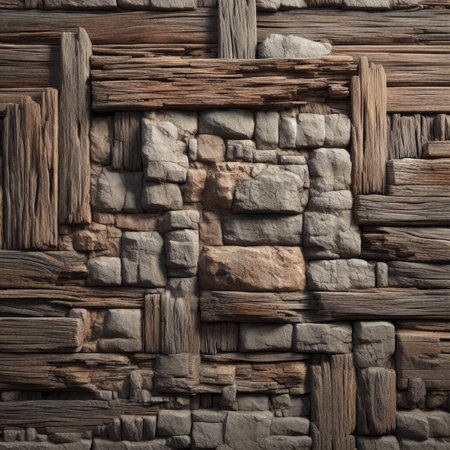 Old wall made of natural stone and wood. Background and texture.の素材