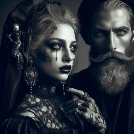 Portrait of a beautiful couple with a long beard and a moustache. Fashion shot.の素材