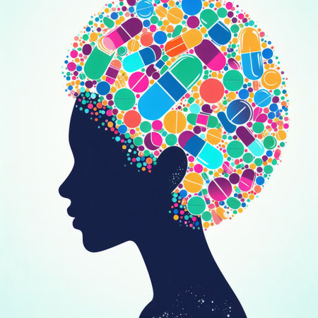 Silhouette of a woman head with colorful pills. Vector illustration.の素材