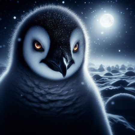 Penguin in the moonlight. 3D rendering. Computer digital drawing.の素材