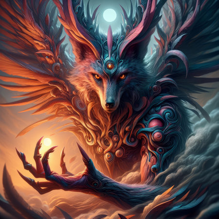 Fantasy illustration of a wolf with an ornament on its head.の素材