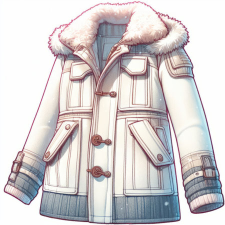 Winter coat with fur on a white background. 3d illustration.の素材