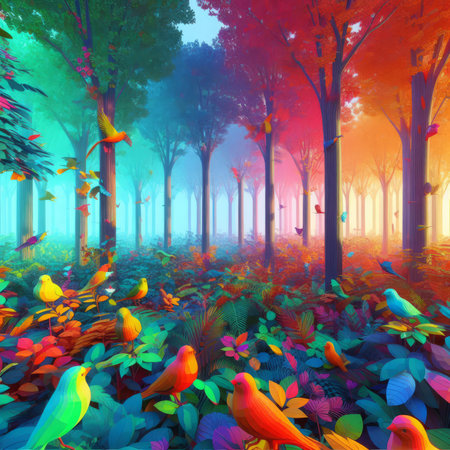 Fantasy forest with birds and colorful leaves. 3D illustration.の素材