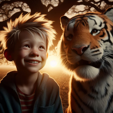 Boy with tiger in the forest at sunset. 3d rendering.の素材