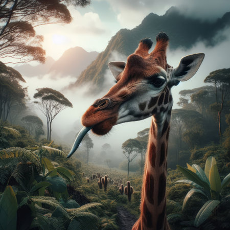 Giraffe in the jungle. 3D illustration of a giraffe on a background of foggy mountains.の素材