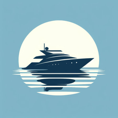 Yacht silhouette on the background of the moon. Vector illustration.の素材