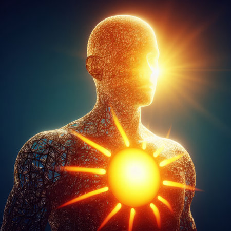Human body anatomy with glowing light on dark background. 3D renderingの素材