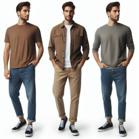 Stylish men in casual clothes on white background. Men's clothing collectionの素材