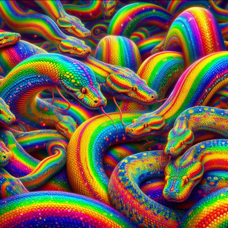 Multicolored snake in the form of a rainbow. 3d renderingの素材