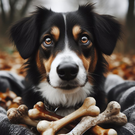 Portrait of a cute Australian shepherd dog with bone in autumn forestの素材