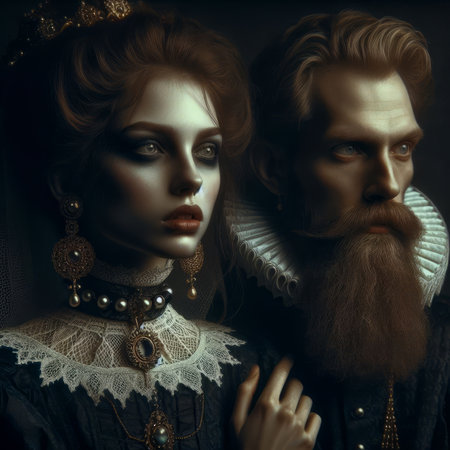 Portrait of a medieval couple in the style of the Renaissance.の素材