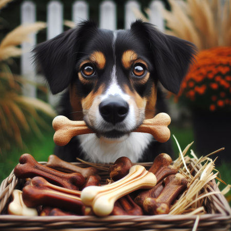 Funny dog with bones in a basket on a background of flowersの素材