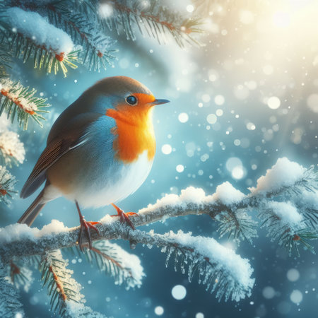 robin bird in the snow on a branch of a fir treeの素材