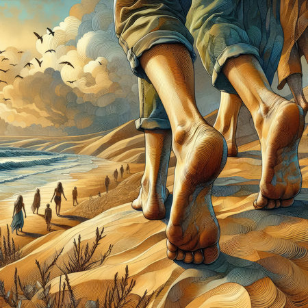 Walking on the sand dunes by the sea. Digital painting.の素材