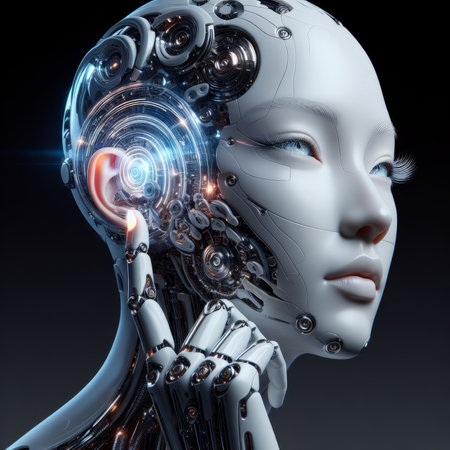 3d rendering of a female robot with artificial intelligence on black backgroundの素材