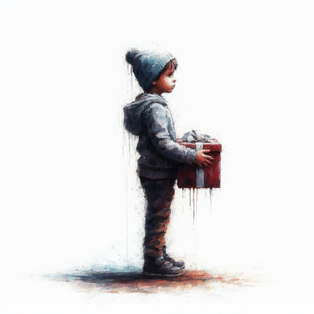 Little boy in winter clothes with gift box. Watercolor illustration.の素材