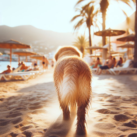 Golden Retriever dog on the beach with palm trees in the background.の素材