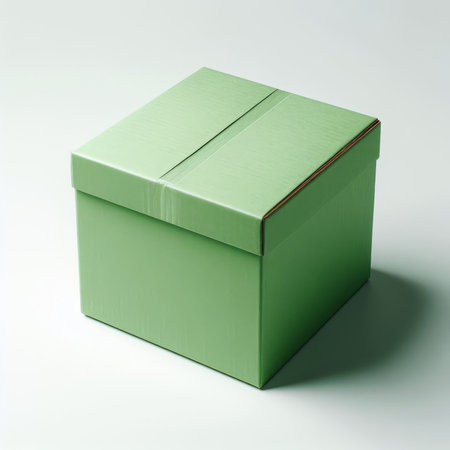 Green cardboard box isolated on white background. 3d render illustration.の素材