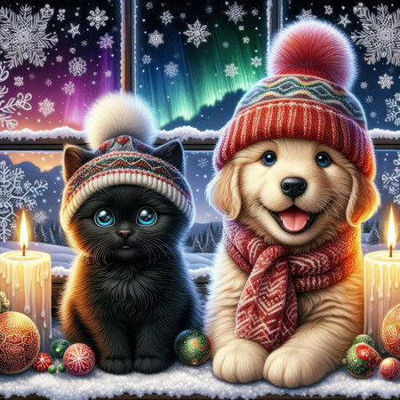 Two cats in winter hats and scarves with candles in the windowの素材