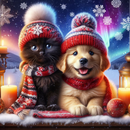 Cute cat and dog in hats and scarfs. Christmas background.の素材