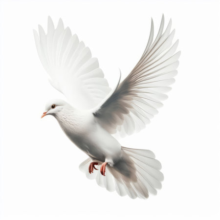 Flying white dove isolated on white background. 3D illustration. 3D rendering.の素材