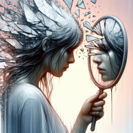 The girl looks into the mirror. Conceptual illustration. 3D renderingの素材