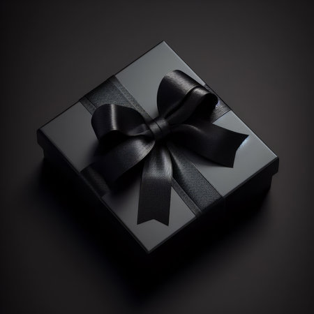 Black gift box with black bow on dark background. Top view.の素材
