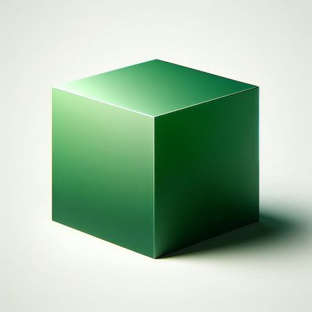 Green cube on white background. 3d render. Square shape.の素材