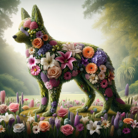 3D rendering of a fox made of flowers in the garden.の素材