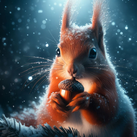 Funny red squirrel with a nut in his hand. Winter forest.の素材