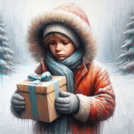 Portrait of a boy in winter clothes with a gift box.の素材