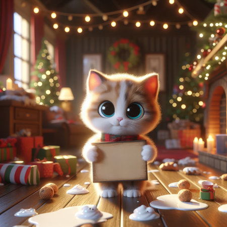 Cute cat holding a gift box in front of a Christmas treeの素材